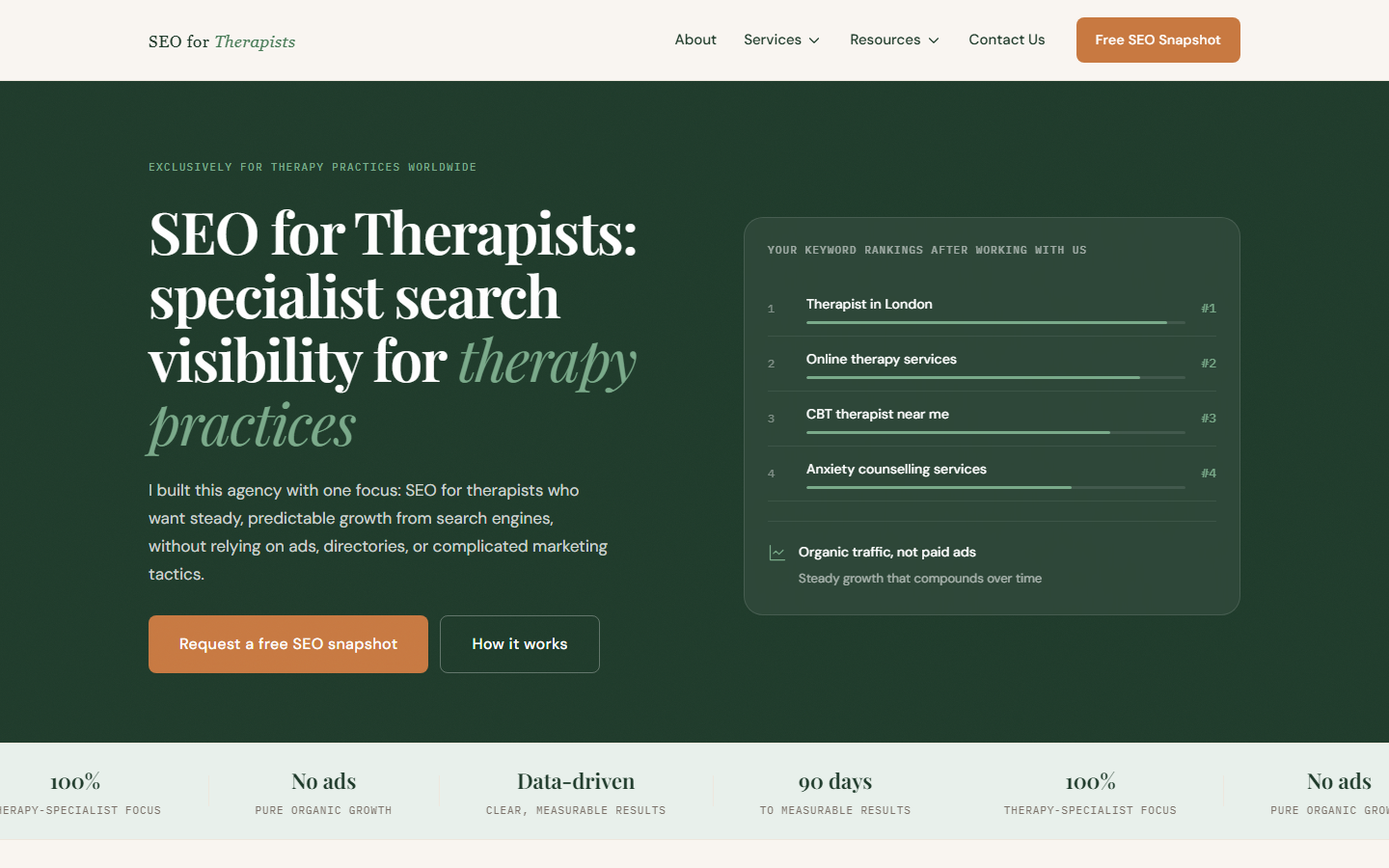 Screenshot of the SEO for Therapists website homepage