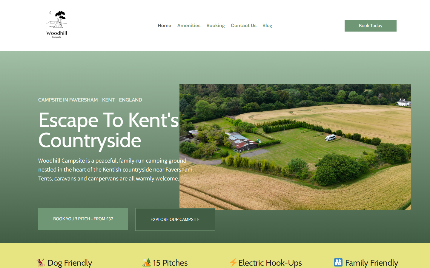 Screenshot of the Woodhill Campsite website homepage